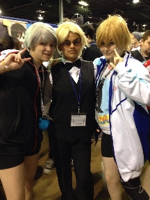 Mya at Anime Central 2014, cosplaying as Shizuoka Heiwajima from Durarara, with Aiichiro Nitori & Nagisa Hazuki from Free!